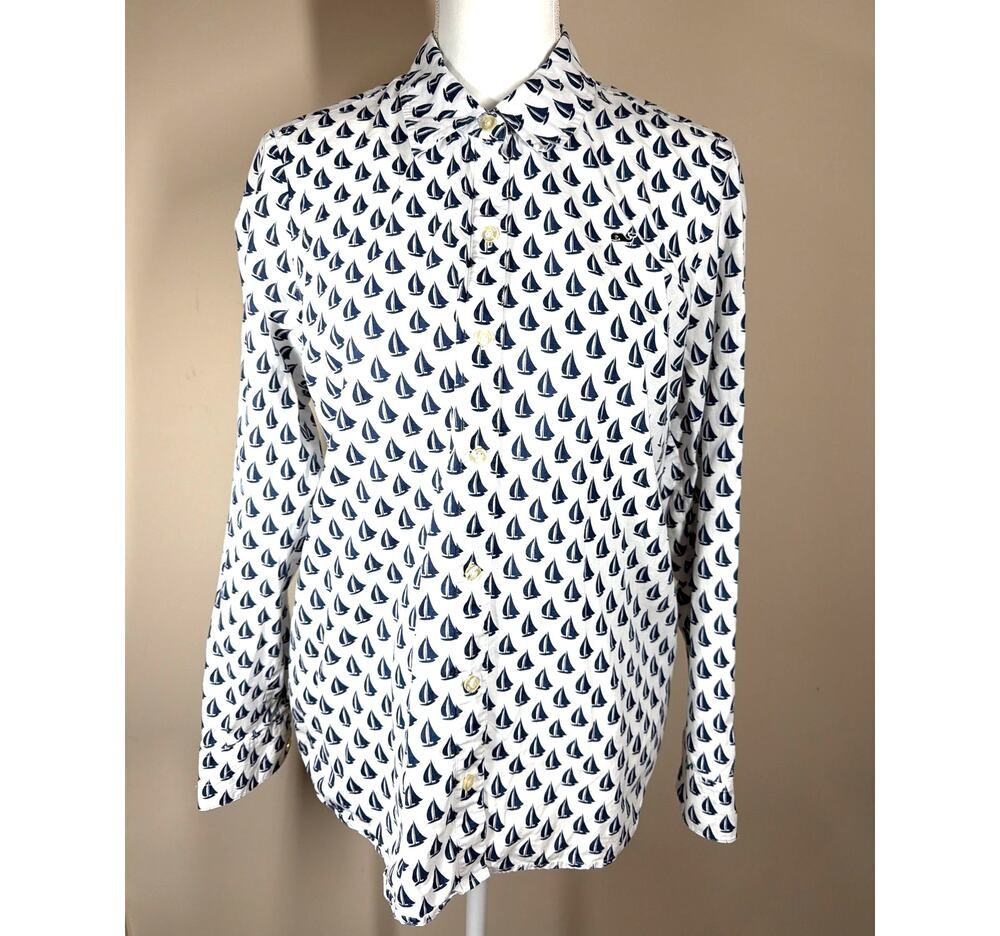 Vineyard Vines Navy and White Sailboat Long Sleeve Button Up Shirt Size 8
